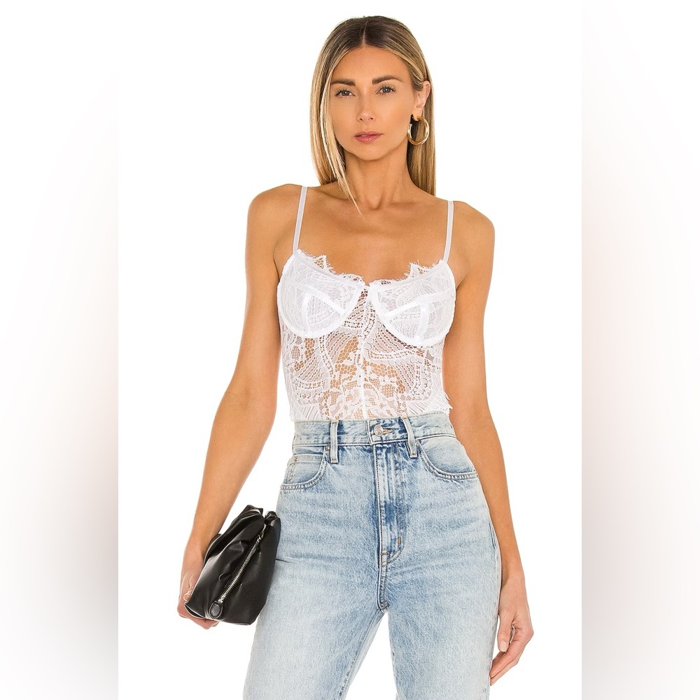Revolve Bardot Britney Lace Bodysuit in Orchid White